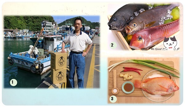 (圖1) 好好鮮生創辦人父親-30年水產經驗專家；(圖2) 好好鮮生-海魚箱； (圖3) 好好鮮生-尼羅魚料理 / 資料來源：好好鮮生Mr. Good提供