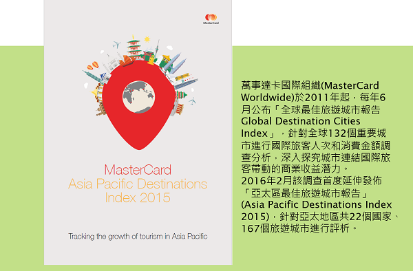 「2016年2月萬事達卡國際組織(MasterCard Worldwide) 首度發布「亞太區最佳旅遊城市報告」(Asia Pacific Destinations Index 2015)」